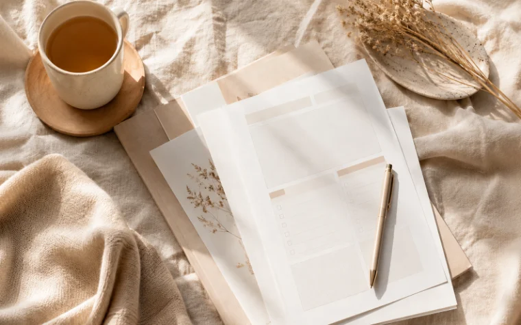 Flat lay — beautifully designed printed guides, checklists and trackers on warm linen