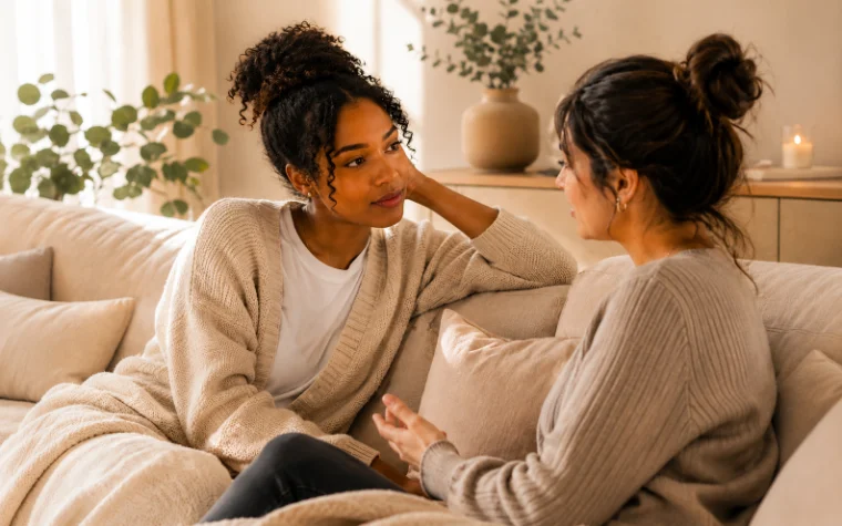 Two women in close conversation, one listening — intimacy, being heard, warm light