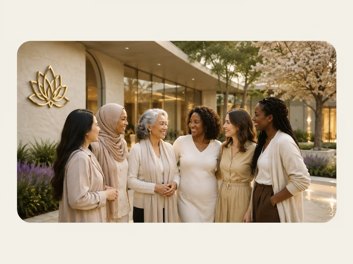 Diverse women across every life stage walking together outdoors, candid warmth, golden light — documentary, not posed