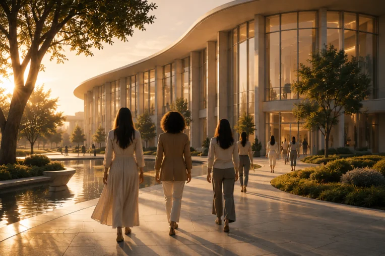 Premium architectural editorial — bright, welcoming interior of a modern women's health institution with natural materia