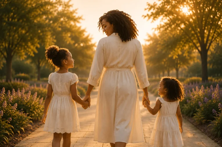 Warm documentary golden-hour editorial — a mother walking hand-in-hand with her daughter(s); natural emotion, no posed s