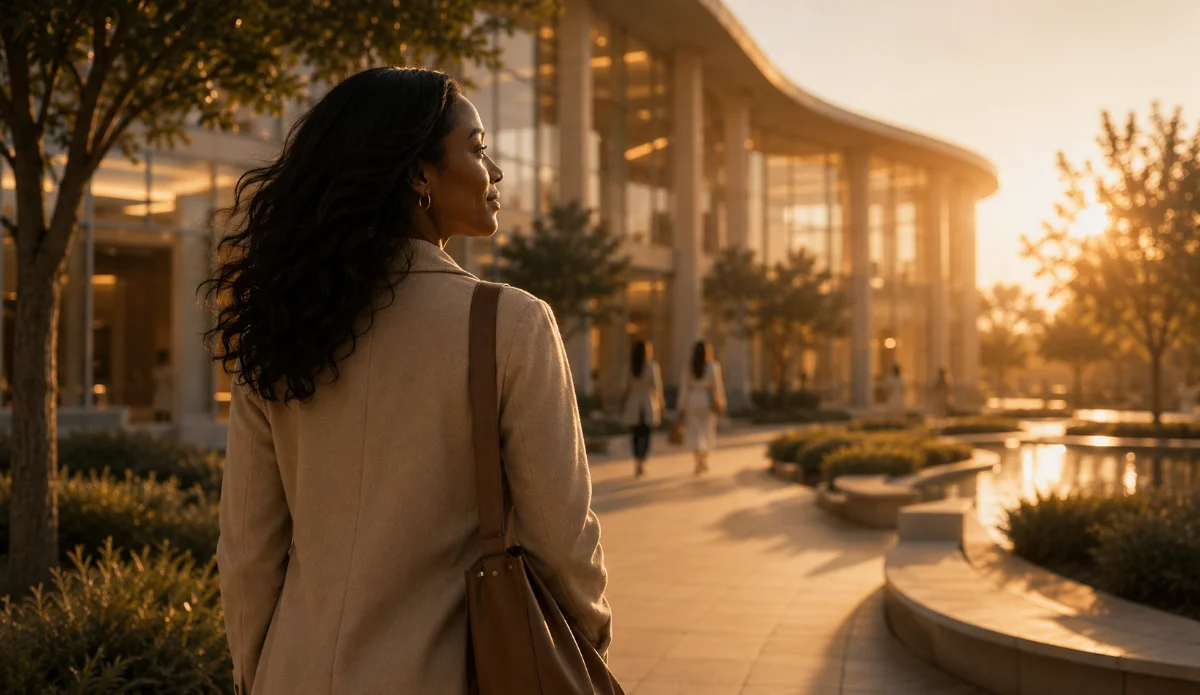 Editorial portrait — woman in golden-hour light, windblown hair, warm confident gaze (Kinfolk-style documentary, not pos