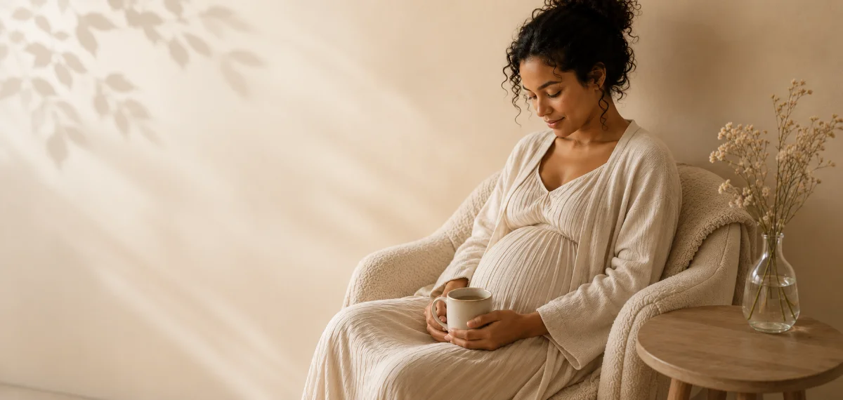 Warm editorial portrait — pregnant woman held in quiet support, natural light, documentary tone