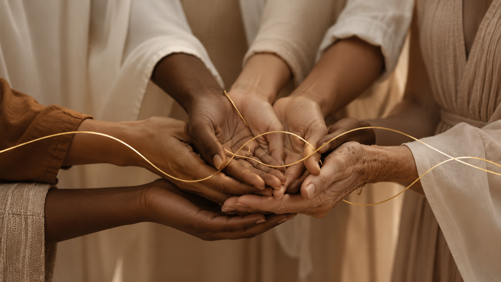 Multigenerational hands joined together, woven through by a golden thread — continuity of care across every stage of a woman's life