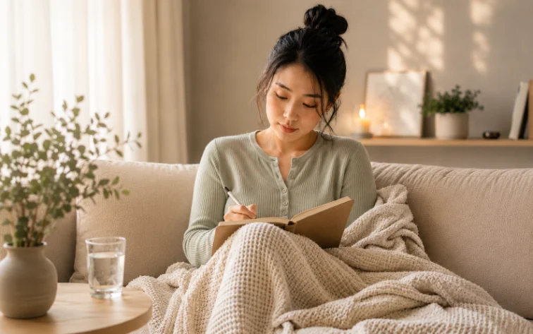 Woman wrapped in a blanket on a sofa, journal and water glass nearby — daily survival, warm light