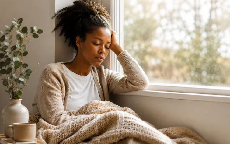 Woman resting her head against a window, soft morning light — quiet, uncertain, not clinical