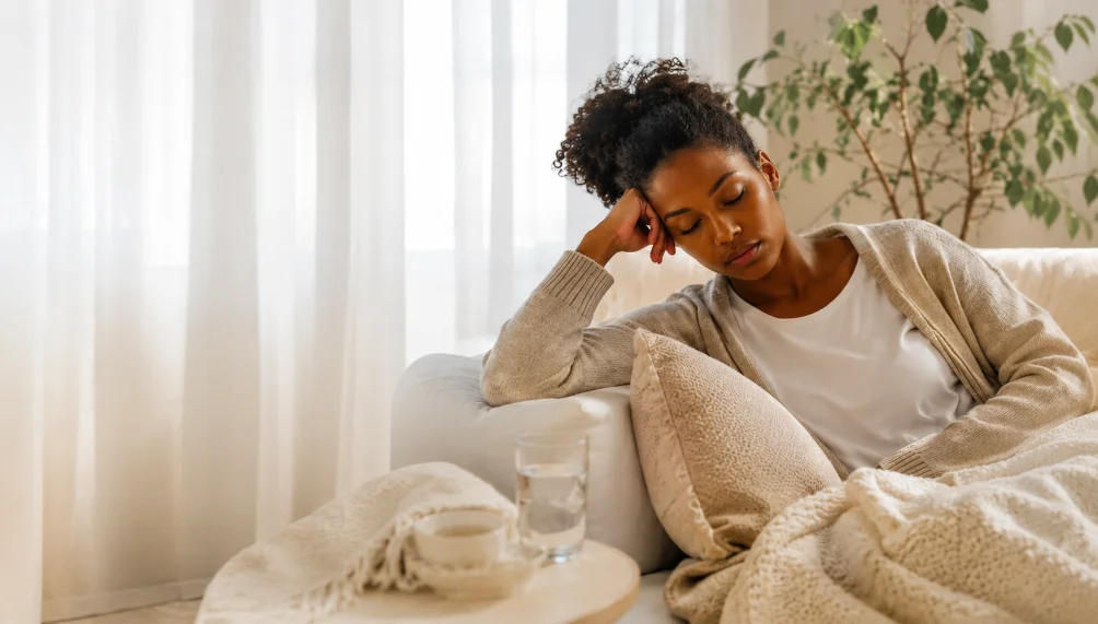 Woman sitting quietly by a window with tea, hand resting on stomach — uncertainty held gently, soft natural light